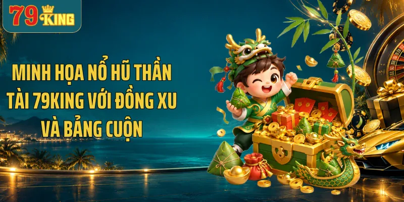 Minh họa nổ hũ Thần Tài 79KING với đồng xu và bảng cuộn